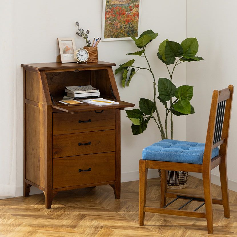 幅60cm 木製 ライティングチェスト アンティーク風 引出し付き 天然木