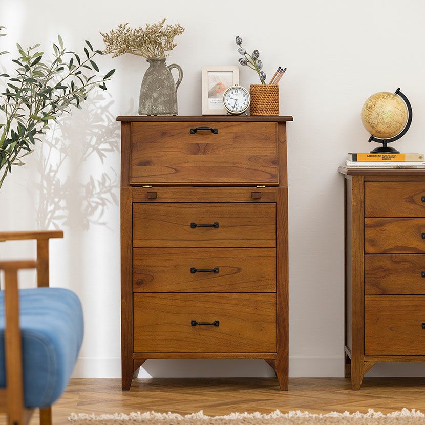 幅60cm 木製 ライティングチェスト アンティーク風 引出し付き 天然木