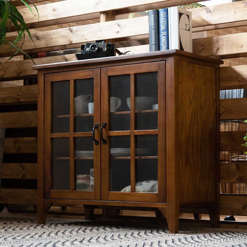 幅60cm 木製 ミニ キャビネット アンティーク風 引出し付き ガラス扉