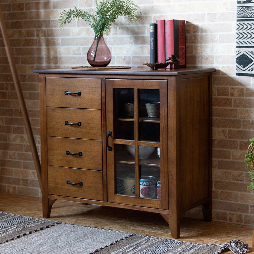 幅80cm 木製 サイドボード アンティーク風 引出し付き ガラス扉 黒