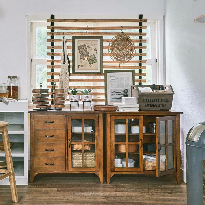 幅80cm 木製 サイドボード アンティーク風 引出し付き ガラス扉 黒