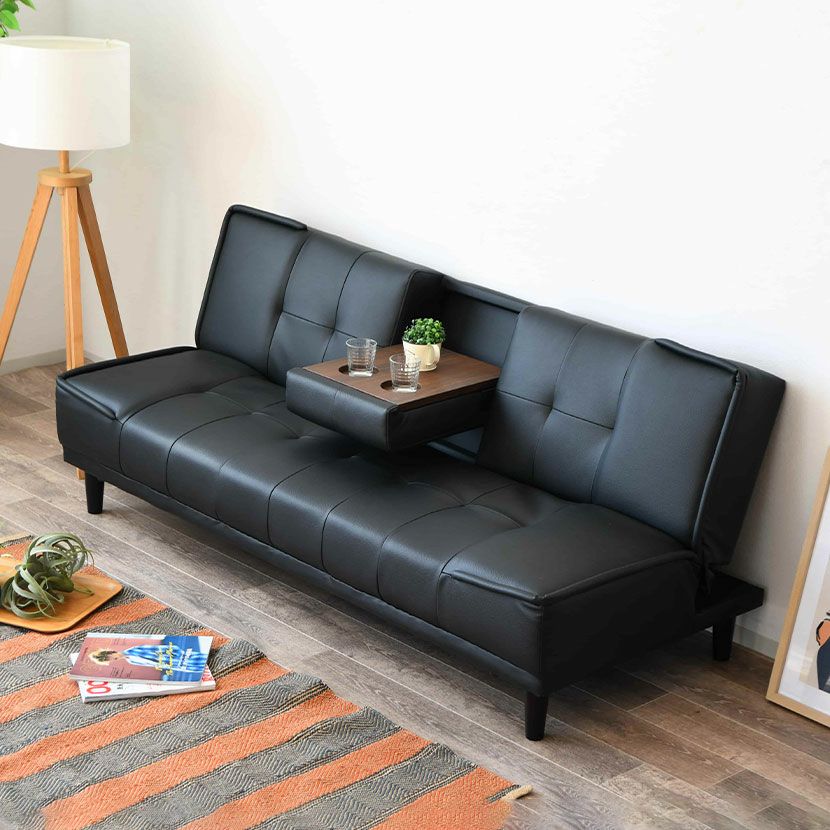 幅183cm 3人掛け ソファベッド シングル ドリンクホルダー付き レザー