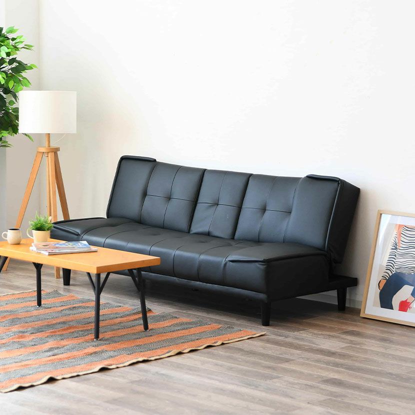 幅183cm 3人掛け ソファベッド シングル ドリンクホルダー付き レザー