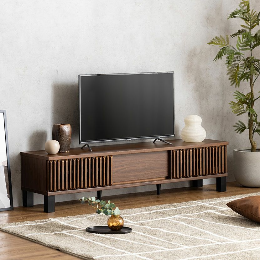 ss6896　テレビボード ダークブラウン 幅150cm 木製 格子 和テイスト ローボード リビングボード ドロップ扉 TVボード テレビ台 TV台 こげ茶 AVボード リビング収納 テレビボード 中古 VENTOTA テレビボード 150cm幅 テレビ台 テレビラック ローボード 木目