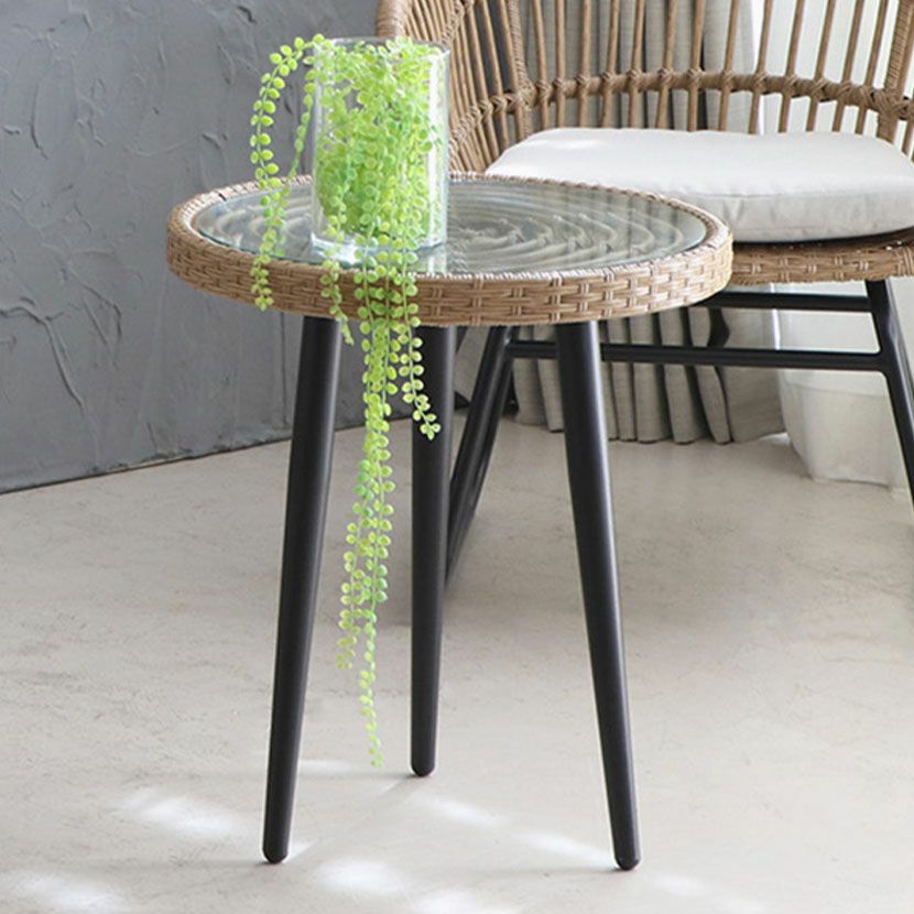 幅50cm 円形 サイドテーブル ラタン ガラス 丸テーブル コンパクト