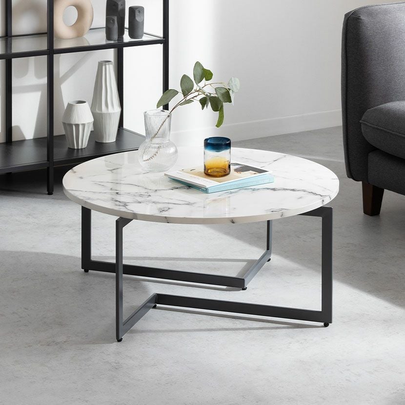 幅85.5cm リビングテーブル 大理石調 スチール脚 円形 丸型 丸テーブル