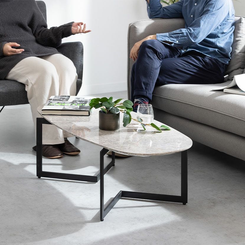 幅110cm リビングテーブル 大理石調 スチール脚 楕円形 センター