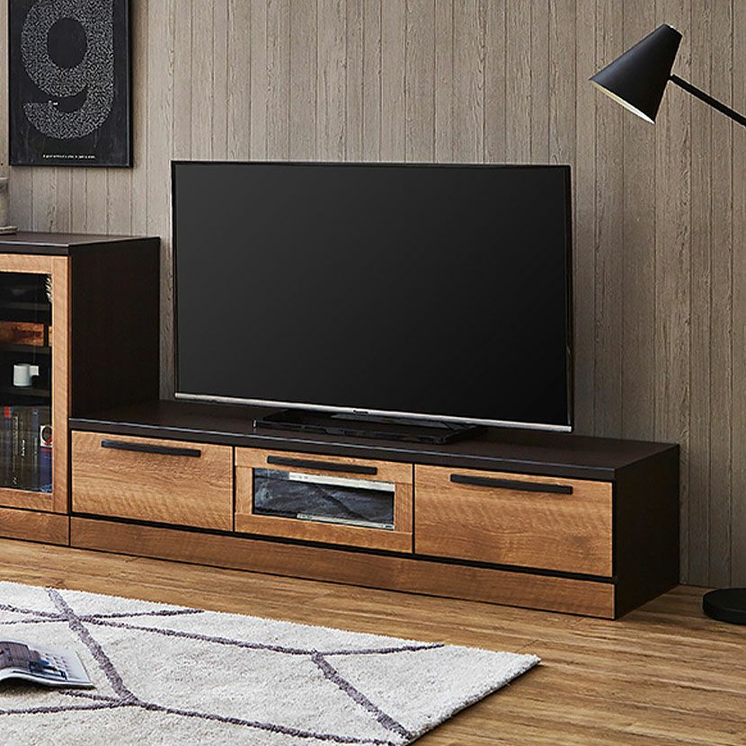 木目調 2段 ローボード TV台 モダンデザイン 幅149.2cm テレビボード 木目調 引き出し フラップ扉 収納 ツートン