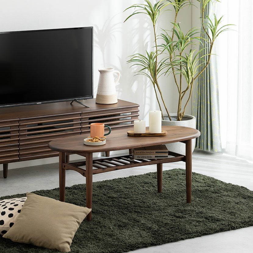 幅105cm リビングテーブル 木製 ウォールナット 無垢材 楕円 収納 棚