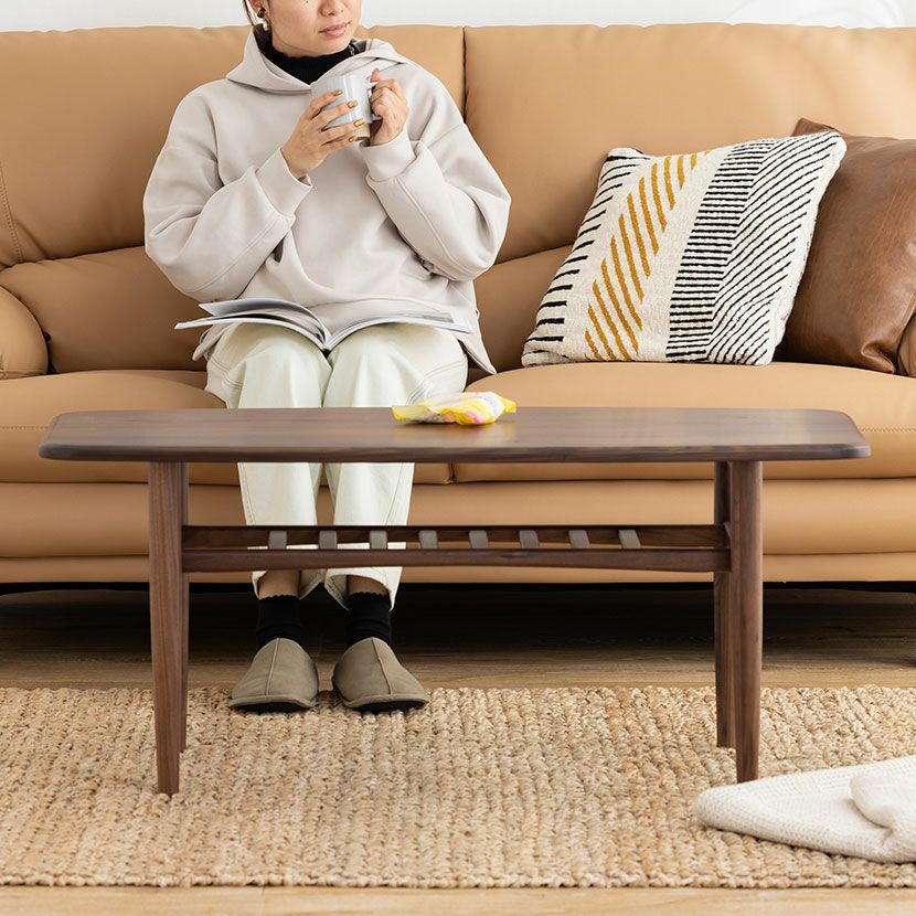 幅105cm リビングテーブル 木製 ウォールナット 無垢材 長方形 収納 棚