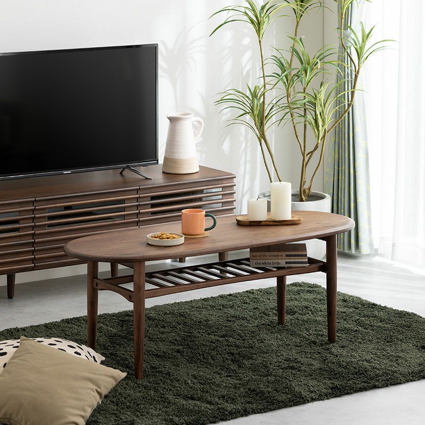 幅120cm リビングテーブル 木製 ウォールナット 無垢材 楕円 収納 棚