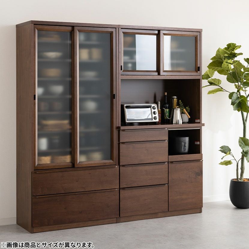 【ミニキッチンボード】オシャレ アンティーク風 曇りガラス 木製 スライド棚付き ワイエムワールド 食器棚 一人暮らし 小さい ダイニングボード 大容量