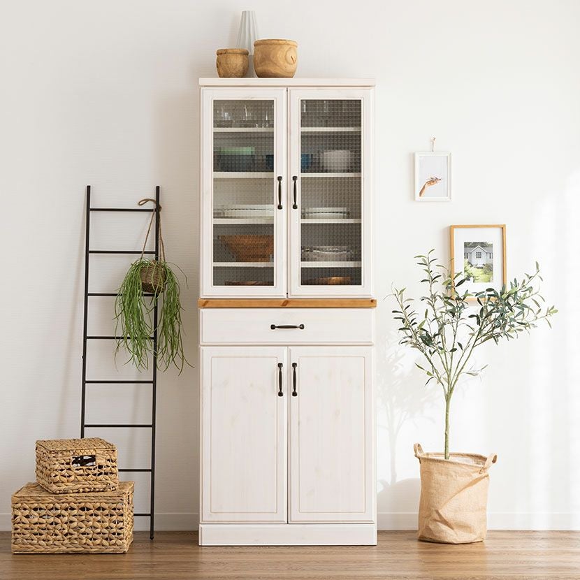 設置無料】幅70cm 食器棚 日本製 木製 ガラス扉 引き出し付き 収納