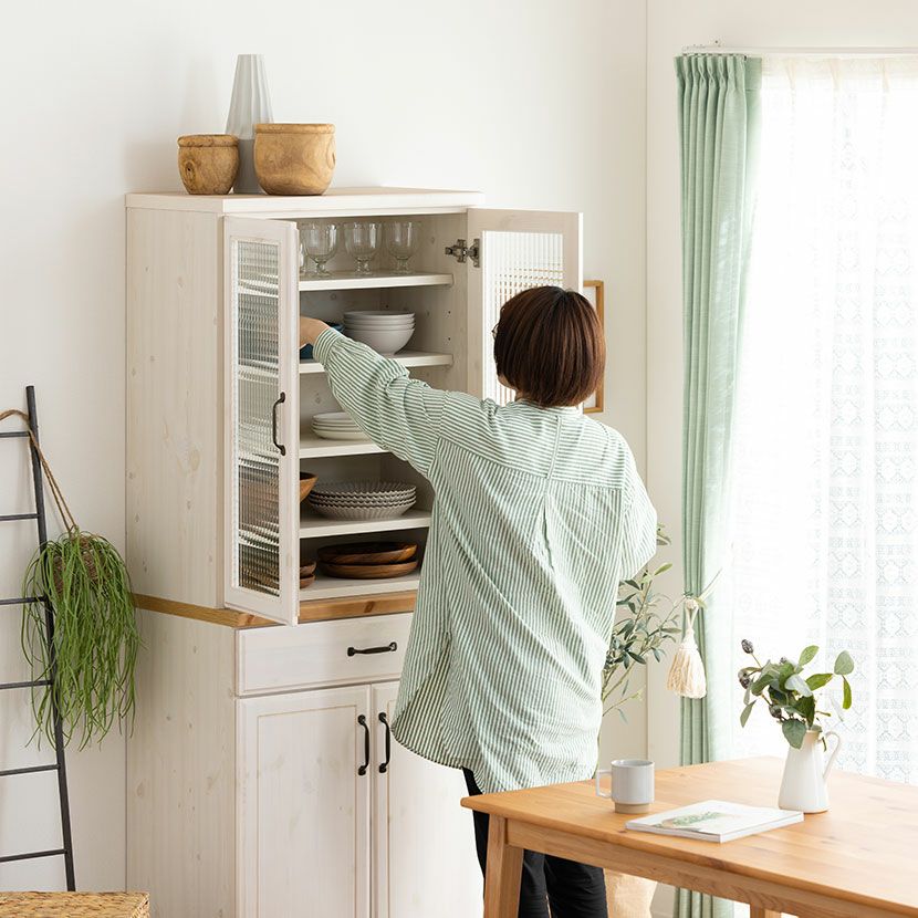 設置無料】幅70cm 食器棚 日本製 木製 ガラス扉 引き出し付き 収納