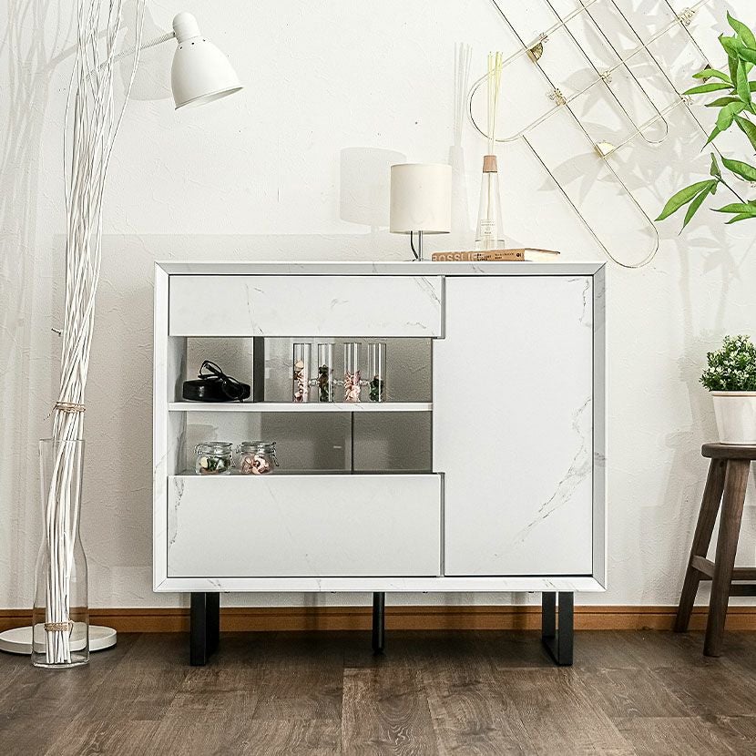 設置無料】幅90cm サイドボード 大理石調 収納 引き出し 開き扉 脚付き