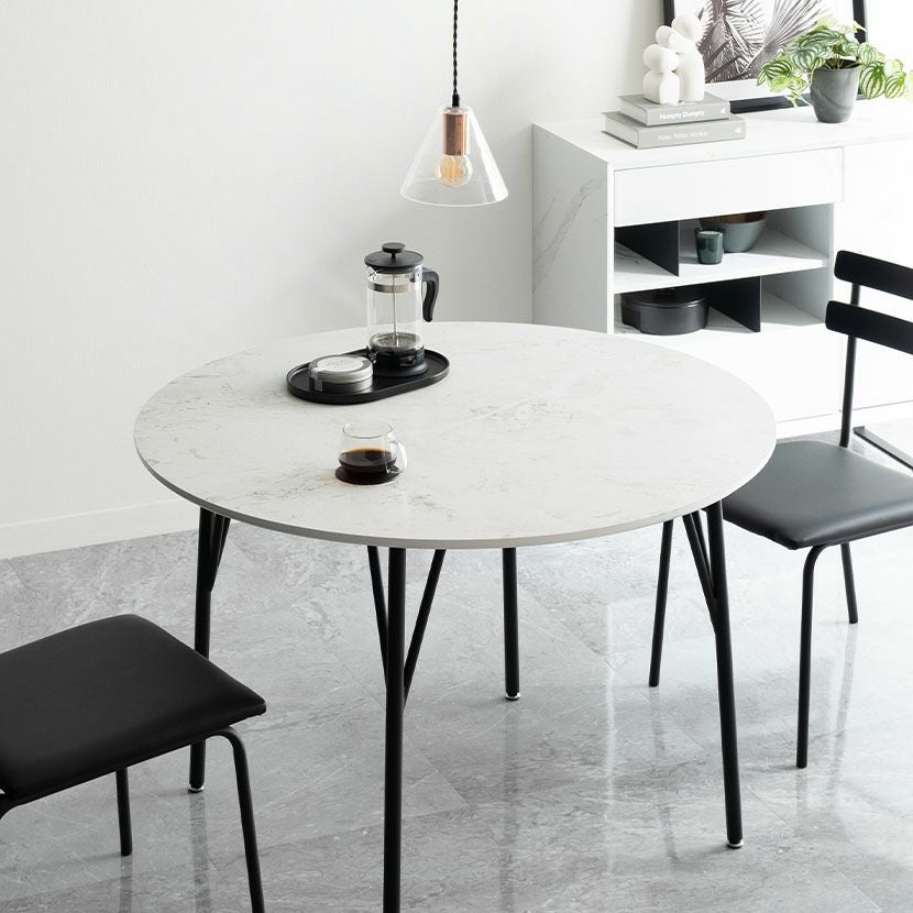 幅105cm 単品 円形 ダイニングテーブル 大理石調 メラミン スチール 2