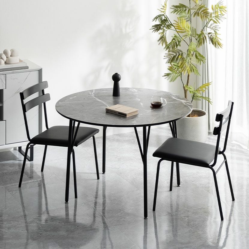 2人用 円形 ダイニングテーブルセット 3点 大理石柄 ガラステーブル