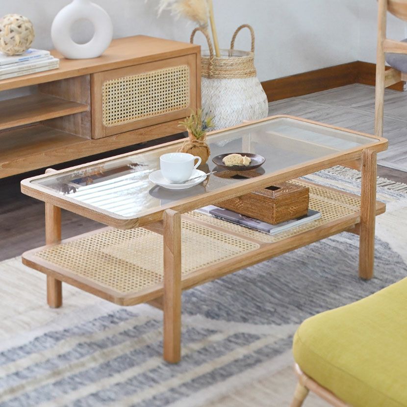 幅100cm リビングテーブル CALM 無垢 ラタン 籐 ガラス センター