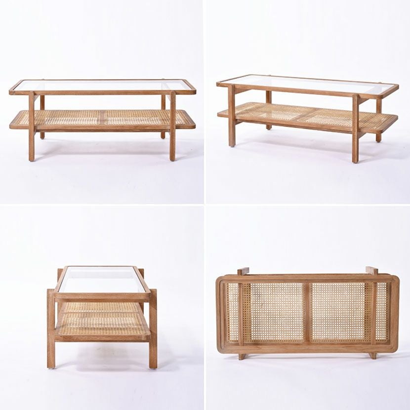 幅100cm リビングテーブル CALM 無垢 ラタン 籐 ガラス センター