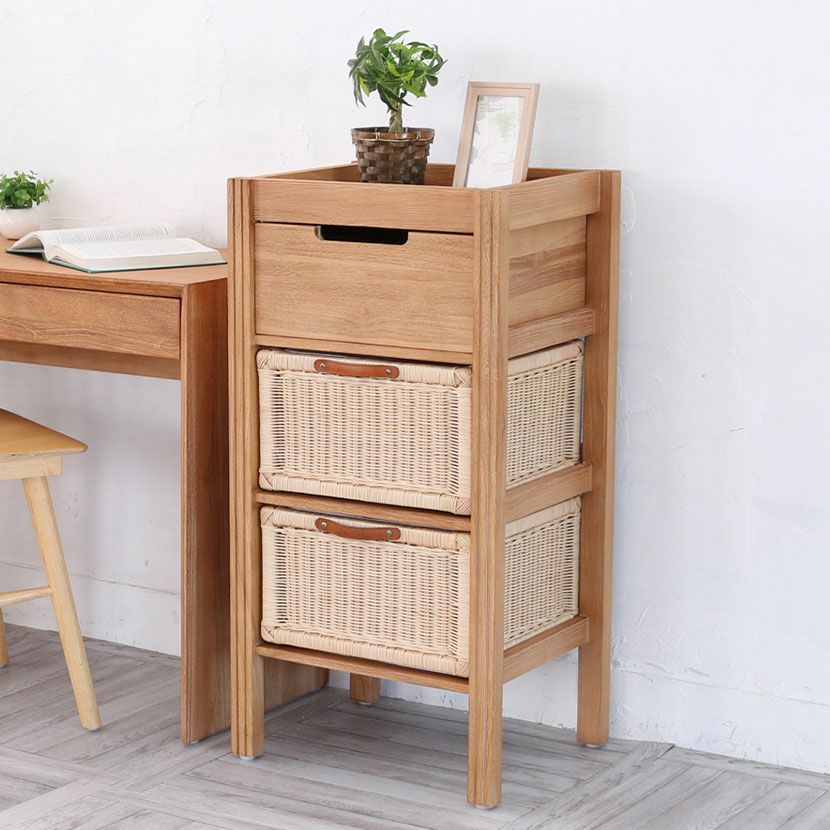 幅45cm 3段 チェスト BREEZE 木製 無垢 チーク ラタン キャビネット