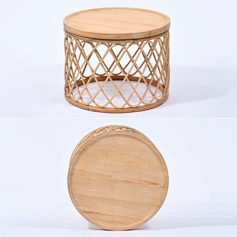 幅50cm 円形 サイドテーブル 無垢 チーク ラタン 丸テーブル ラウンド