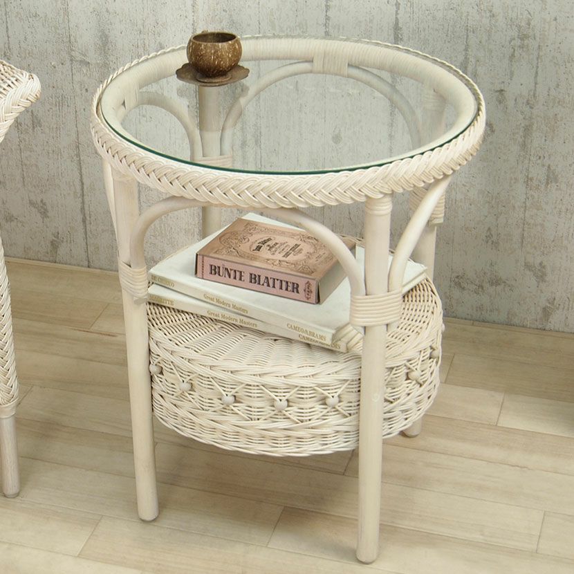 幅50cm 円形 サイドテーブル ラタン ガラス 丸テーブル コンパクト