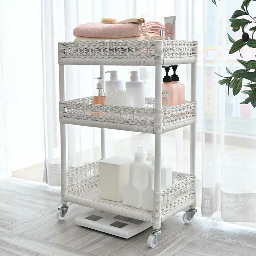 幅50cm ラタン ランドリーワゴン 3段 洗濯ワゴン スリム 洗面所 ワゴン