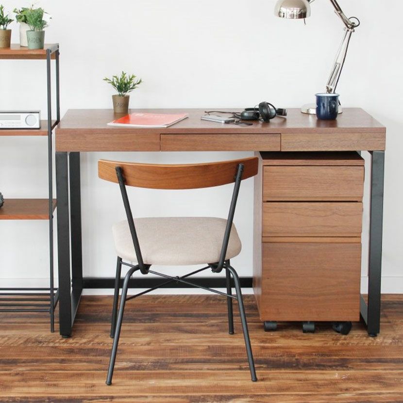 幅120cm ワークデスク 引出し付き スチール脚 ウォルナット 木製
