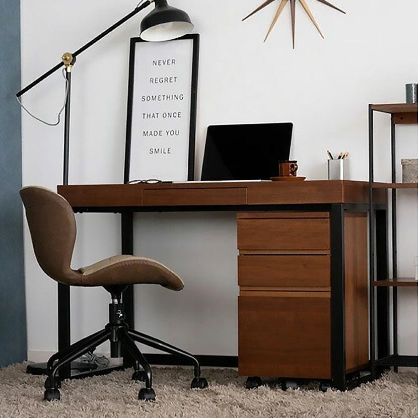 幅120cm ワークデスク 引出し付き スチール脚 ウォルナット 木製