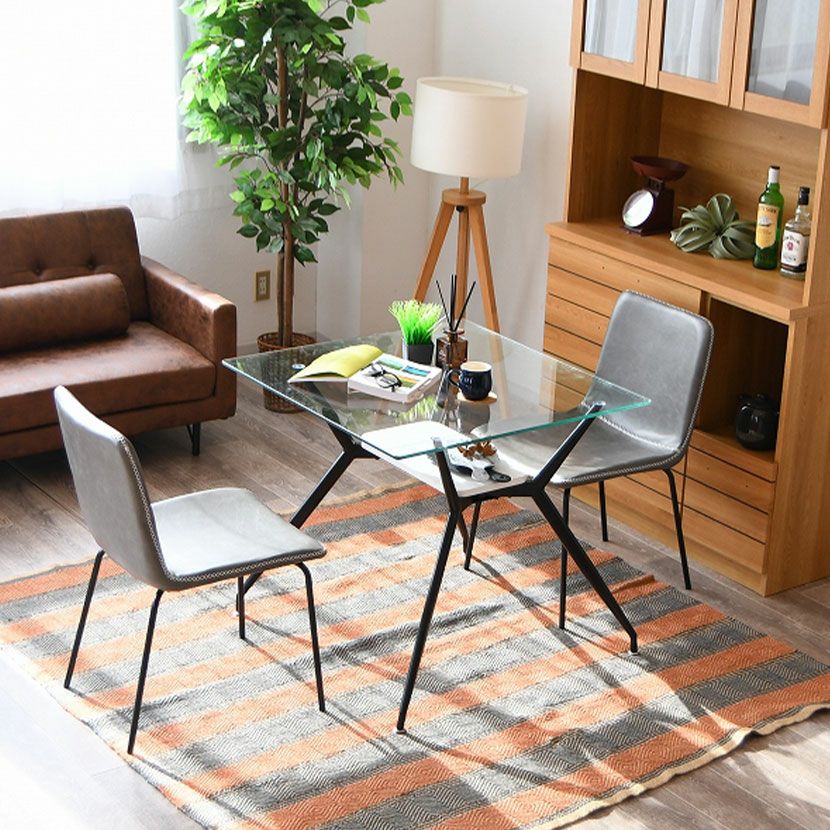 幅80cm ガラス ダイニングテーブル スチール脚 ガラス天板 正方形