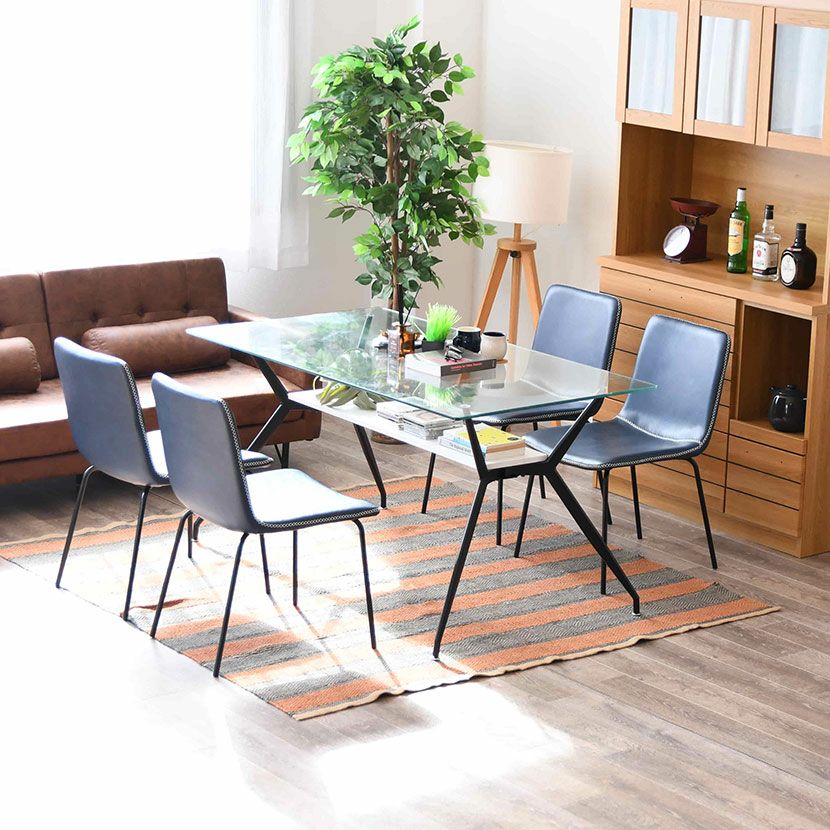 幅140cm ガラス ダイニングテーブル スチール脚 ガラス天板 長方形