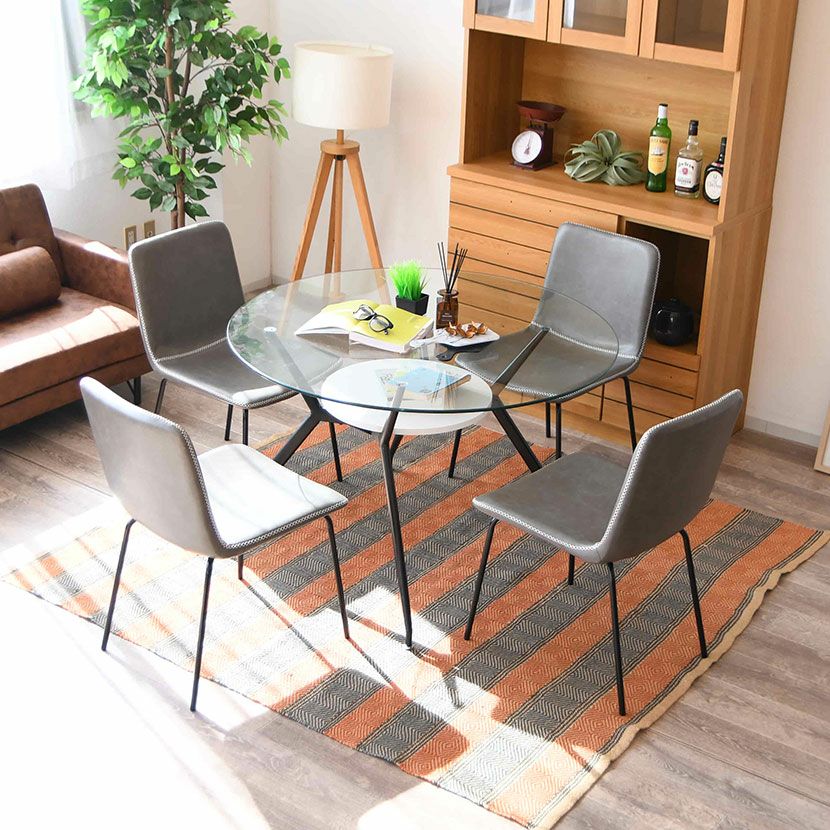 幅110cm ガラス ダイニングテーブル スチール脚 ガラス天板 円形