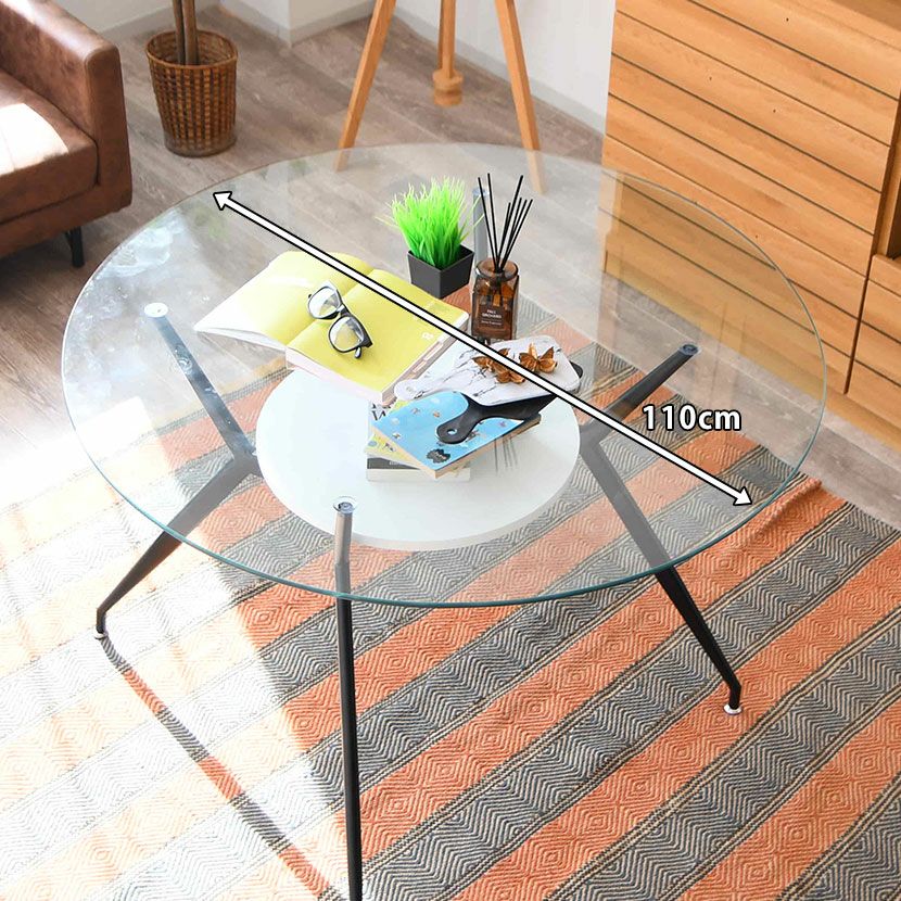 幅110cm ガラス ダイニングテーブル スチール脚 ガラス天板 円形