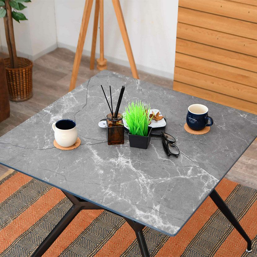 幅80cm 大理石柄 ダイニングテーブル スチール脚 ガラス天板 棚付き