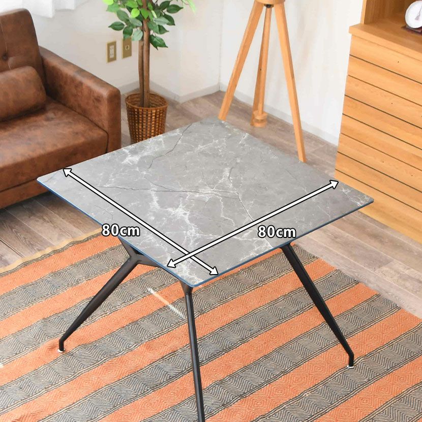 幅80cm 大理石柄 ダイニングテーブル スチール脚 ガラス天板 棚付き