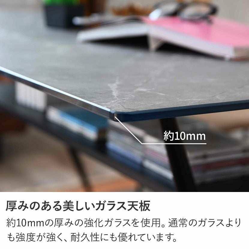 幅80cm 大理石柄 ダイニングテーブル スチール脚 ガラス天板 棚付き