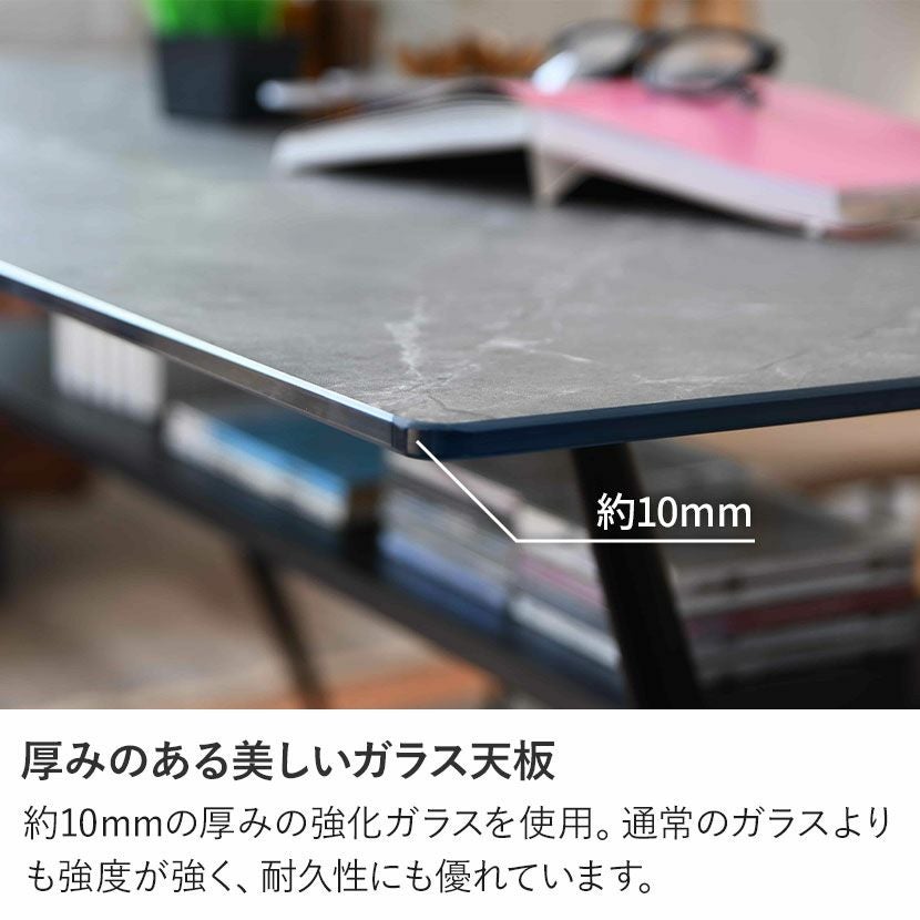 幅140cm 大理石柄 ダイニングテーブル スチール脚 ガラス天板 棚付き