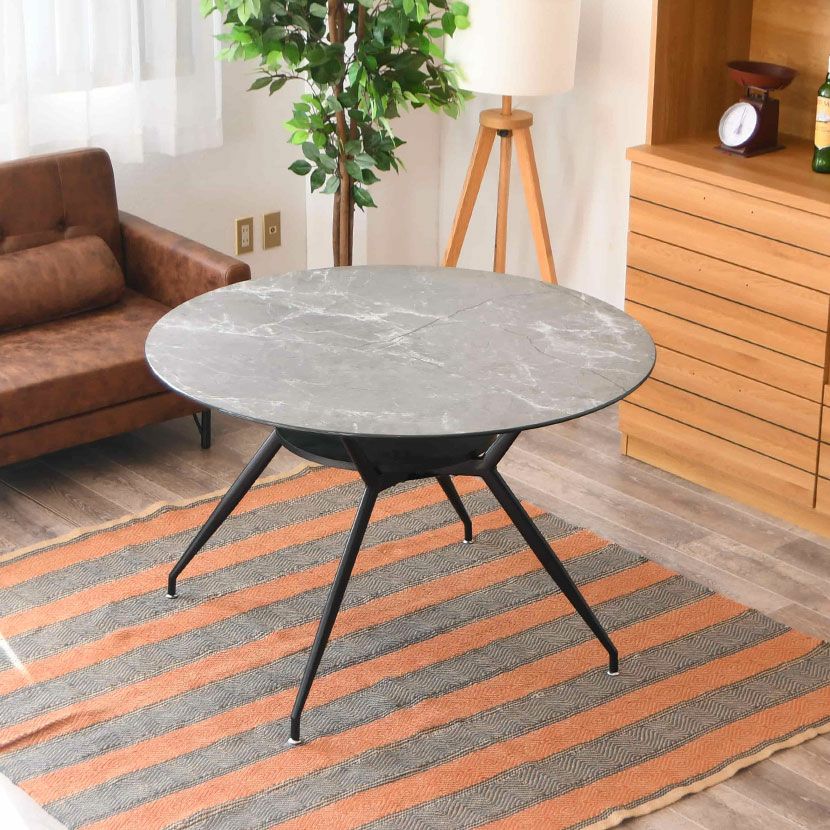 幅110cm 大理石柄 ダイニングテーブル スチール脚 ガラス天板 棚付き