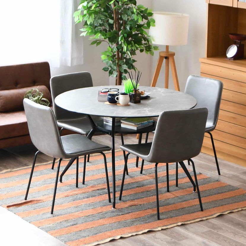 幅110cm 大理石柄 ダイニングテーブル スチール脚 ガラス天板 棚付き