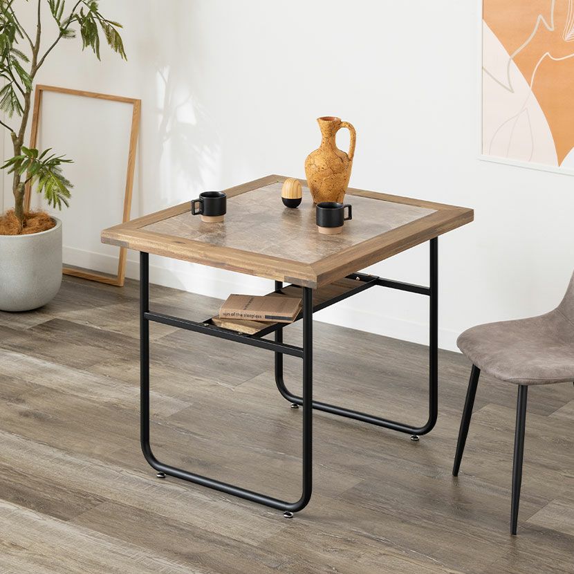 幅85cm ダイニングテーブル 石目調 メラミン天板 アイアン脚 棚付き