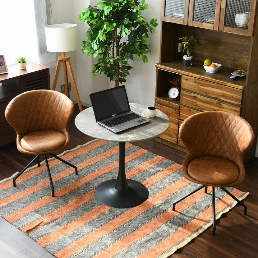 2人用 円形 ダイニングテーブルセット 3点 大理石柄 ガラステーブル