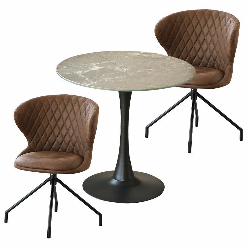 2人用 円形 ダイニングテーブルセット 3点 大理石柄 ガラステーブル