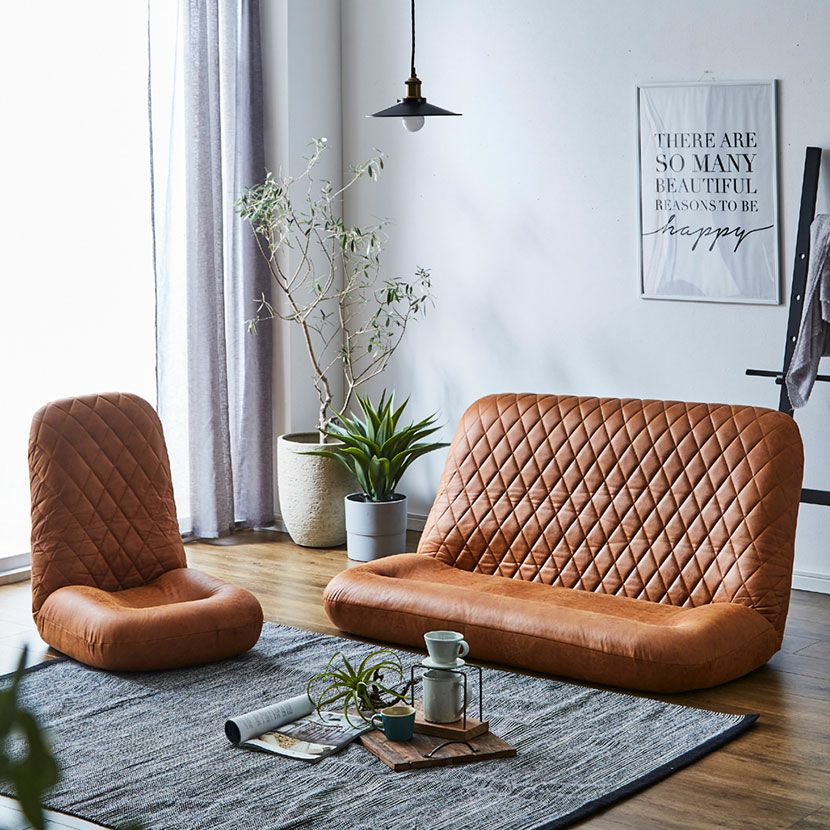 座椅子 ハイバック 2人掛け レザー調 ファブリックレザー ポケット