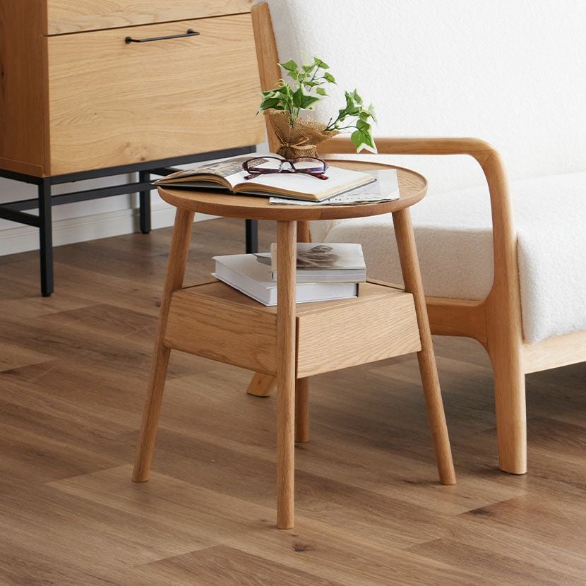 幅44cm 木製 サイドテーブル ロンド 天然木 オーク材 ウォールナット材