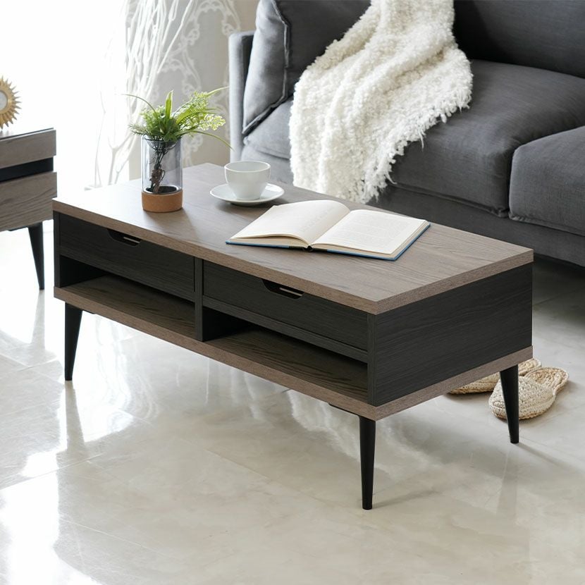 幅90cm リビングテーブル 日本製 木目調 引き出し付き 棚付き 収納