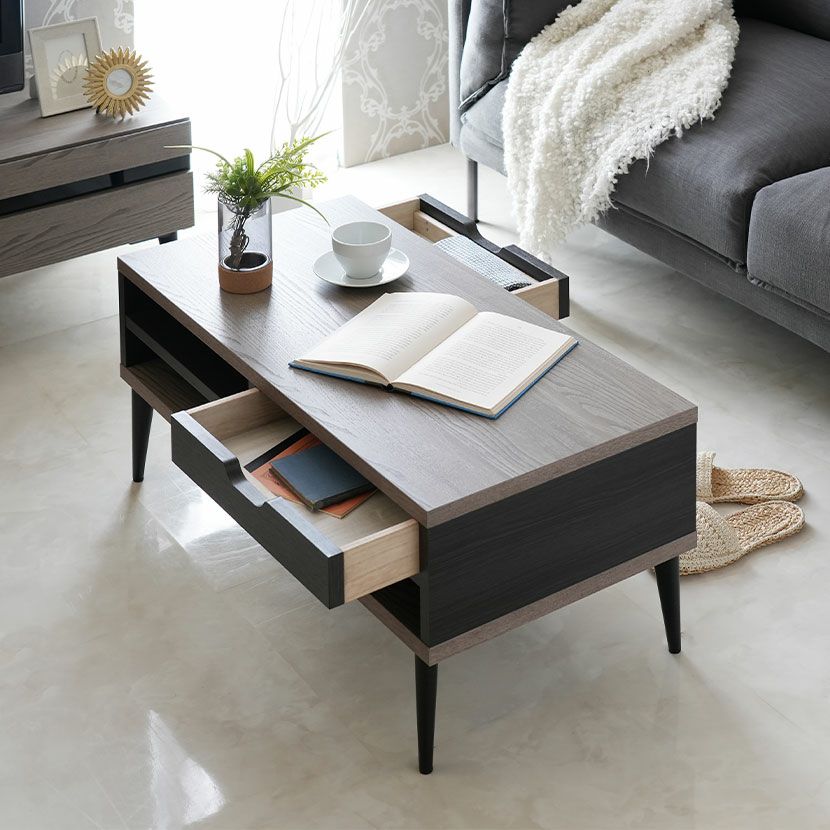 幅90cm リビングテーブル 日本製 木目調 引き出し付き 棚付き 収納