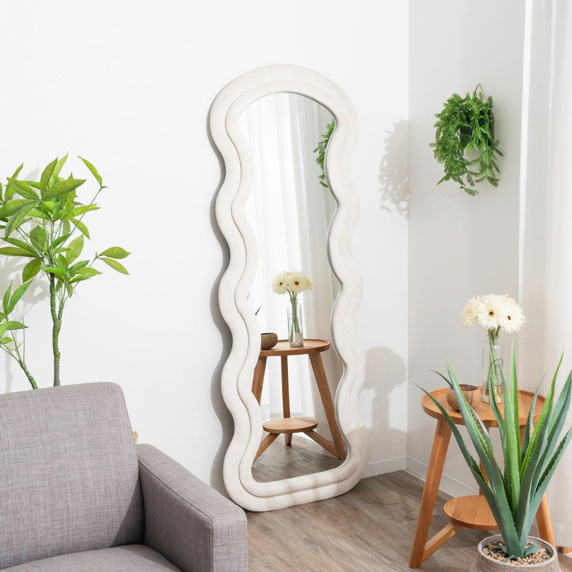 幅75cm スタンドミラー ウェーブデザイン ファブリックフレーム 大型