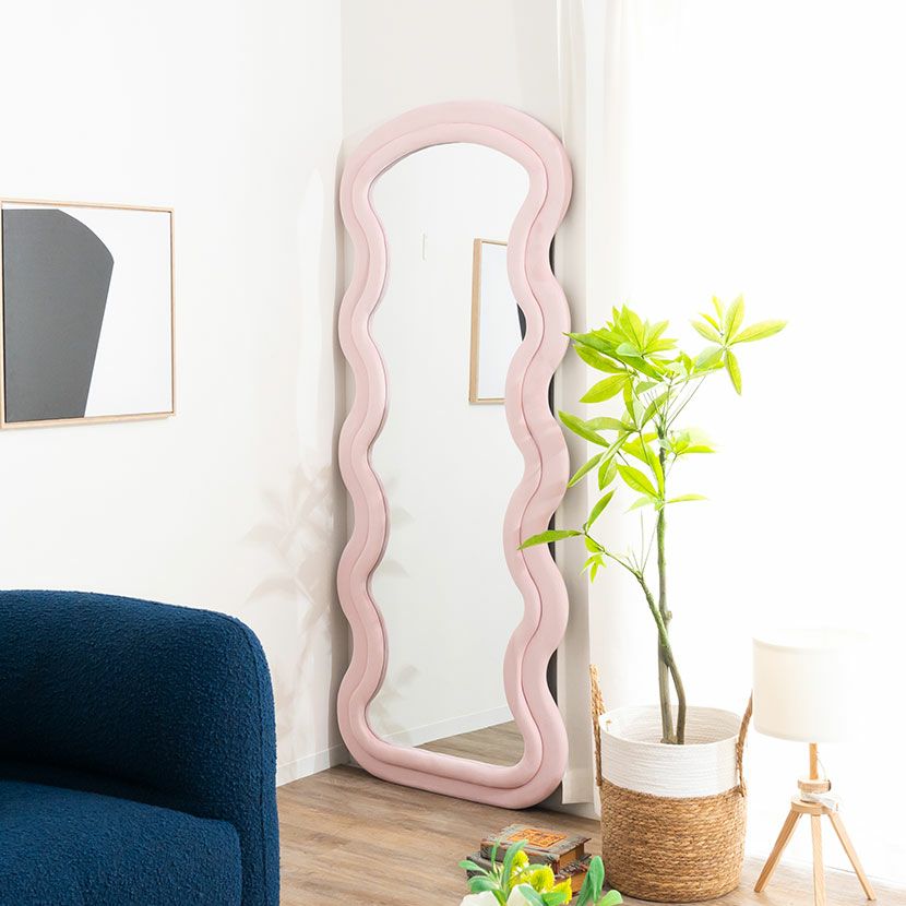 幅75cm スタンドミラー ウェーブデザイン ファブリックフレーム 大型