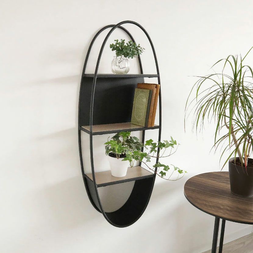 幅33cm 壁掛けシェルフ アイアン 天然木 壁飾り 楕円 壁掛け ラック