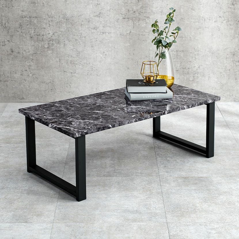 幅90cm リビングテーブル 大理石調 台形脚 スチール脚 コーヒー
